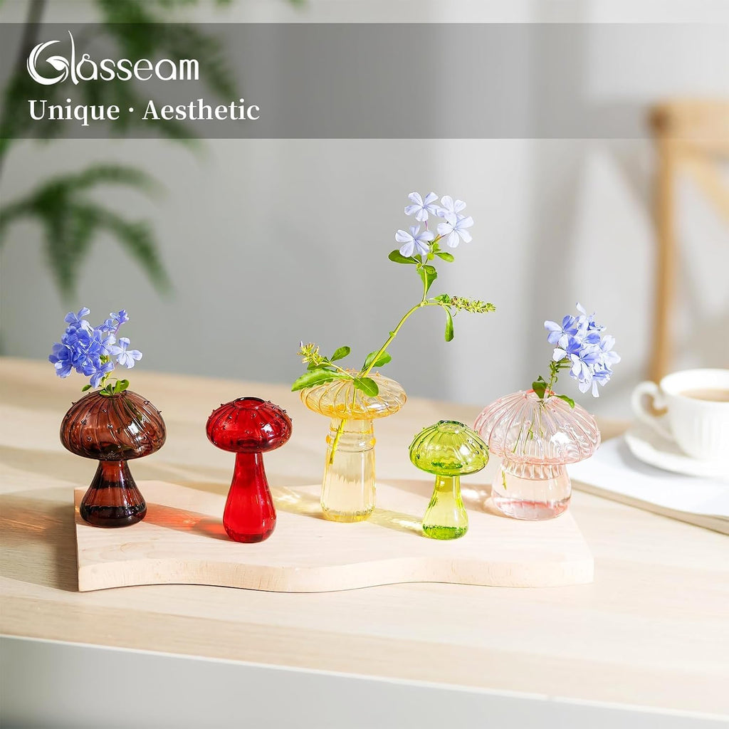 Glasseam Mushroom Plant Propagation Station: 5 Pcs Glass Mini Terrarium | Colored, Small Hydroponic Planter, Cute