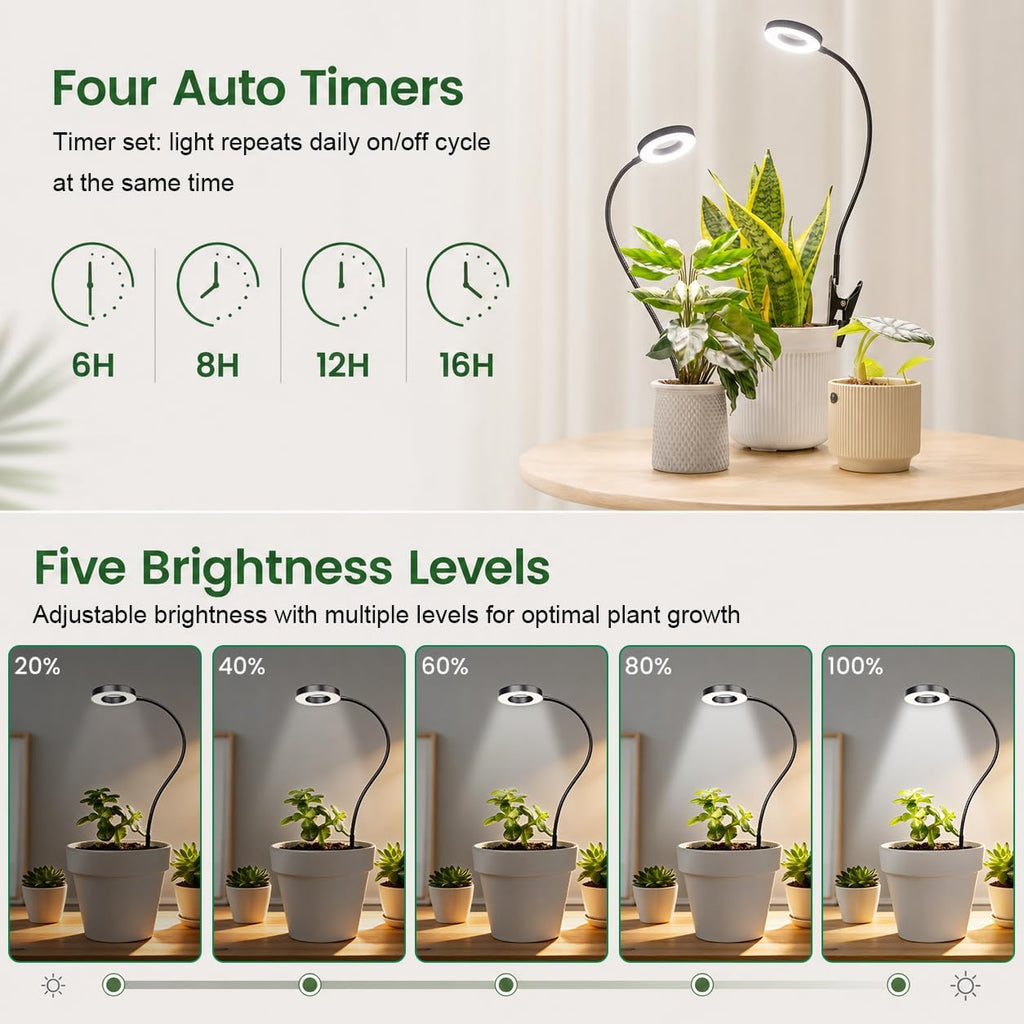 LORDEM Grow Lights for Indoor Plants, 2 in 1 Full Spectrum Plant Light with 360° Gooseneck, 48 LEDs, Auto Timer