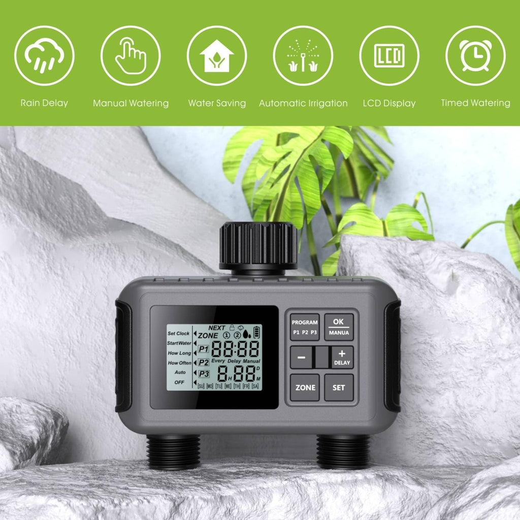 Uzoli 2-Zone Sprinkler Timer for Garden Hose, Programmable Water Timer | Automatic & Manual Mode, Rain Delay, IP55