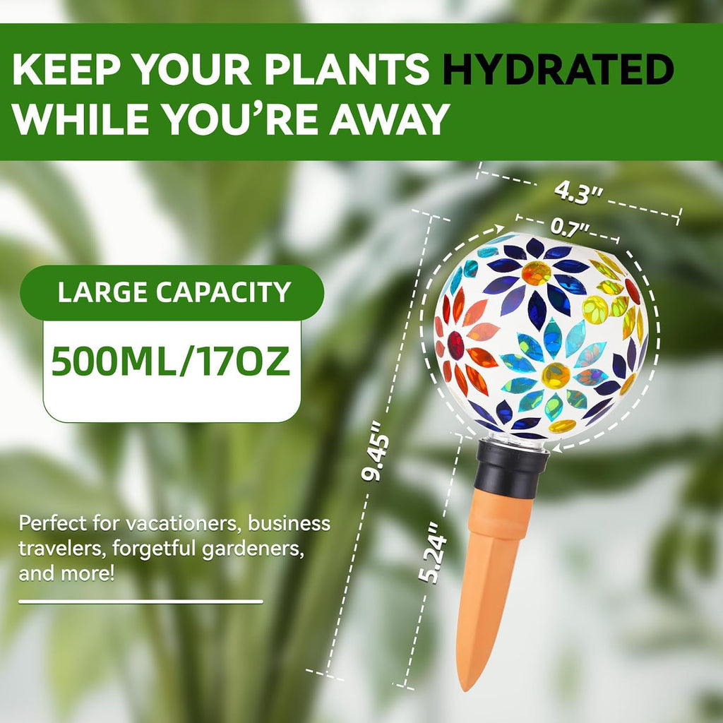 VOREEN Mosaic Glass Plant Watering Globes 2 Pack 500ml with Terracotta Spikes, Handmade Self-Watering Stakes for
