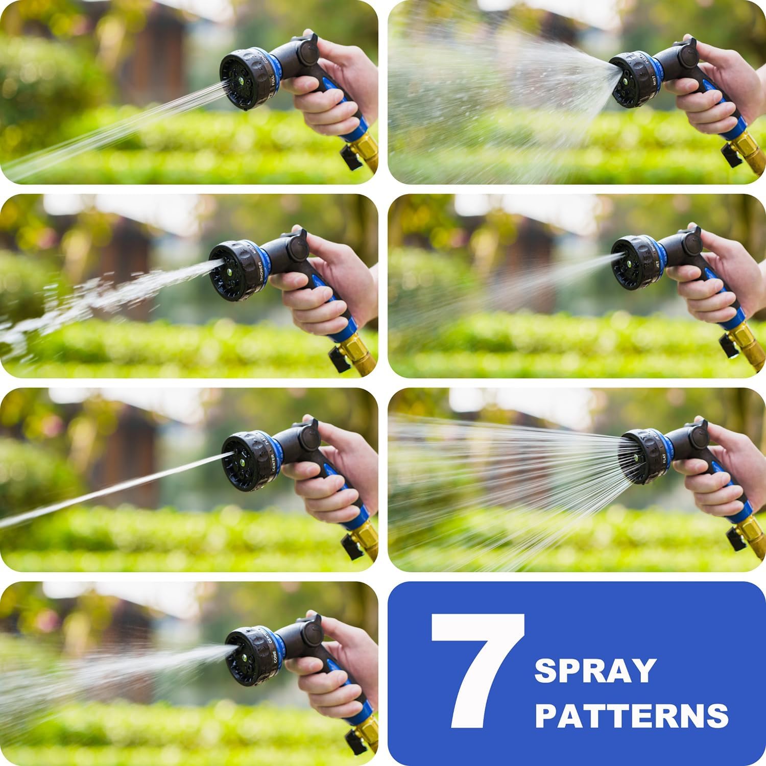 HOSUN Heavy Duty Garden Hose Nozzle, Adjustable Metal Water Sprayer, Blue | 7 Spray Patterns, Thumb Control, Ergonomic