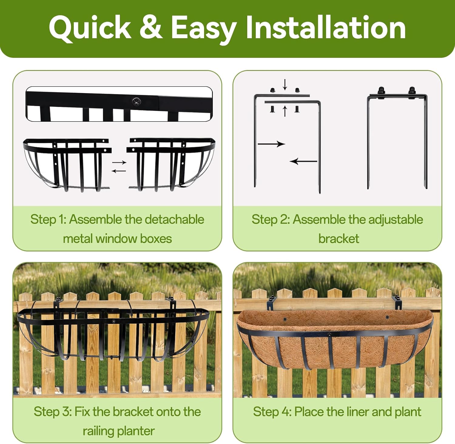 Halatool 24 Inch Railing Planter Box, 2 Pack Trough Planter Box for Outdoor | Natural Coco Liner, Heavy Duty Metal with