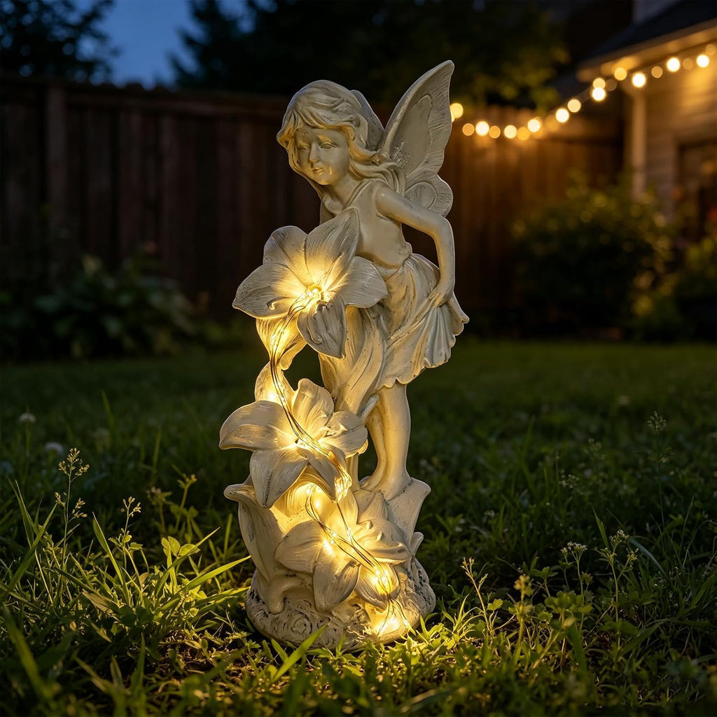 Angel Figurines Garden Statue with Solar Powered Light 12.2IN | Resin Angel Statue Decor for HOME Patio Lawn Yard