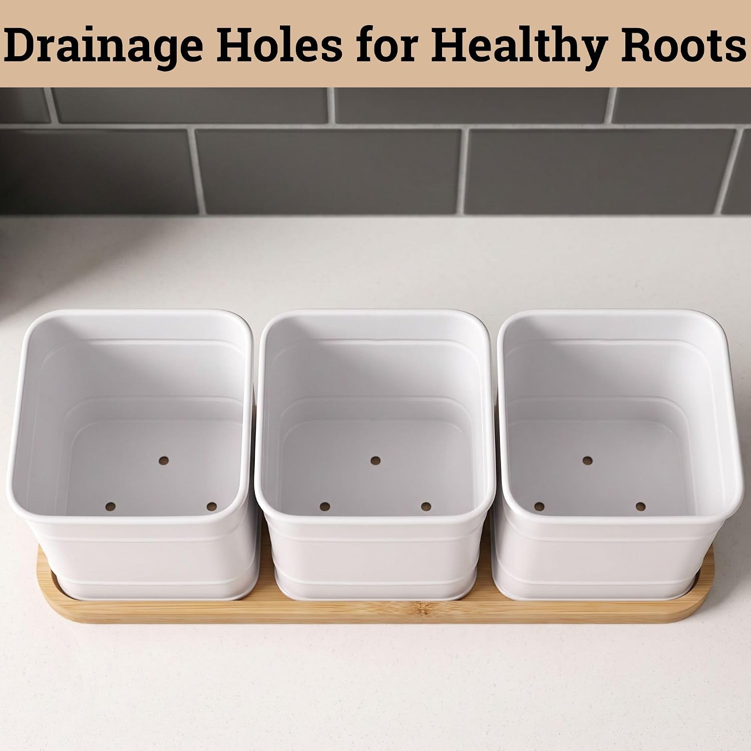 Herb Planter Indoor, 3-pc Herb Pots w/ Drainage Holes, Bamboo Tray & Labels | Iron Herb Pots, Varnished Bamboo Tray