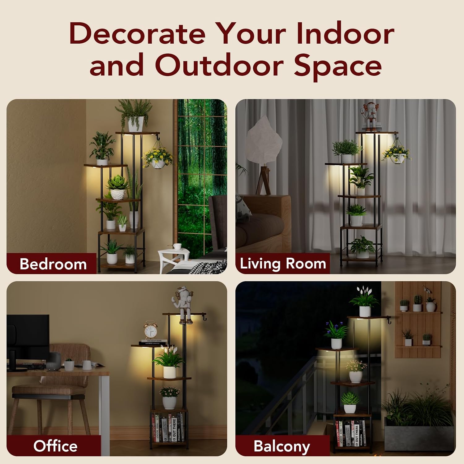 Plant Stand Indoor with Grow Light - 5-Tier Metal Plant Shelf with Hanging Basket Hook, Corner Tall Flower Holder for