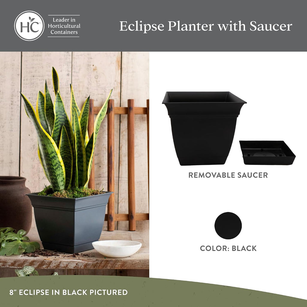 The HC Companies Eclipse Square Planter Pot, 12 Inch, Black, 2-Pack | Plastic, Attached Saucer, Drainage Holes