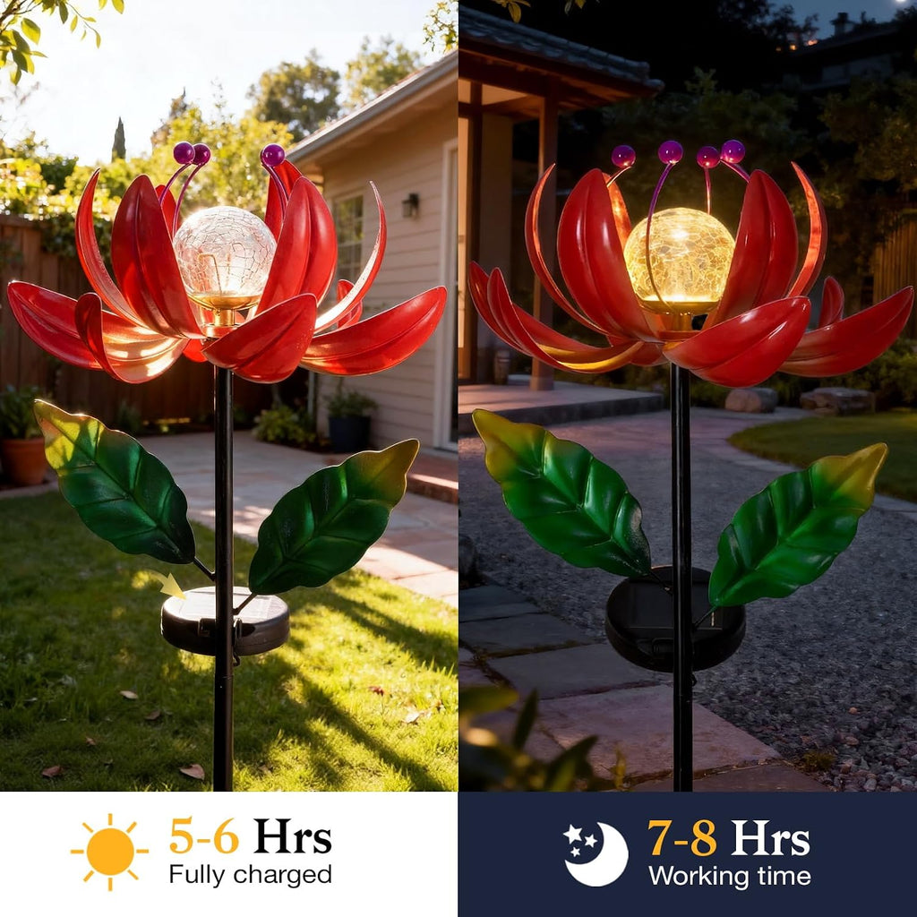 Solar Lights Outdoor Wind Spinners, Metal Lotus Flower Garden Decor with Waterproof LED Crackle Glass Globe for Patio