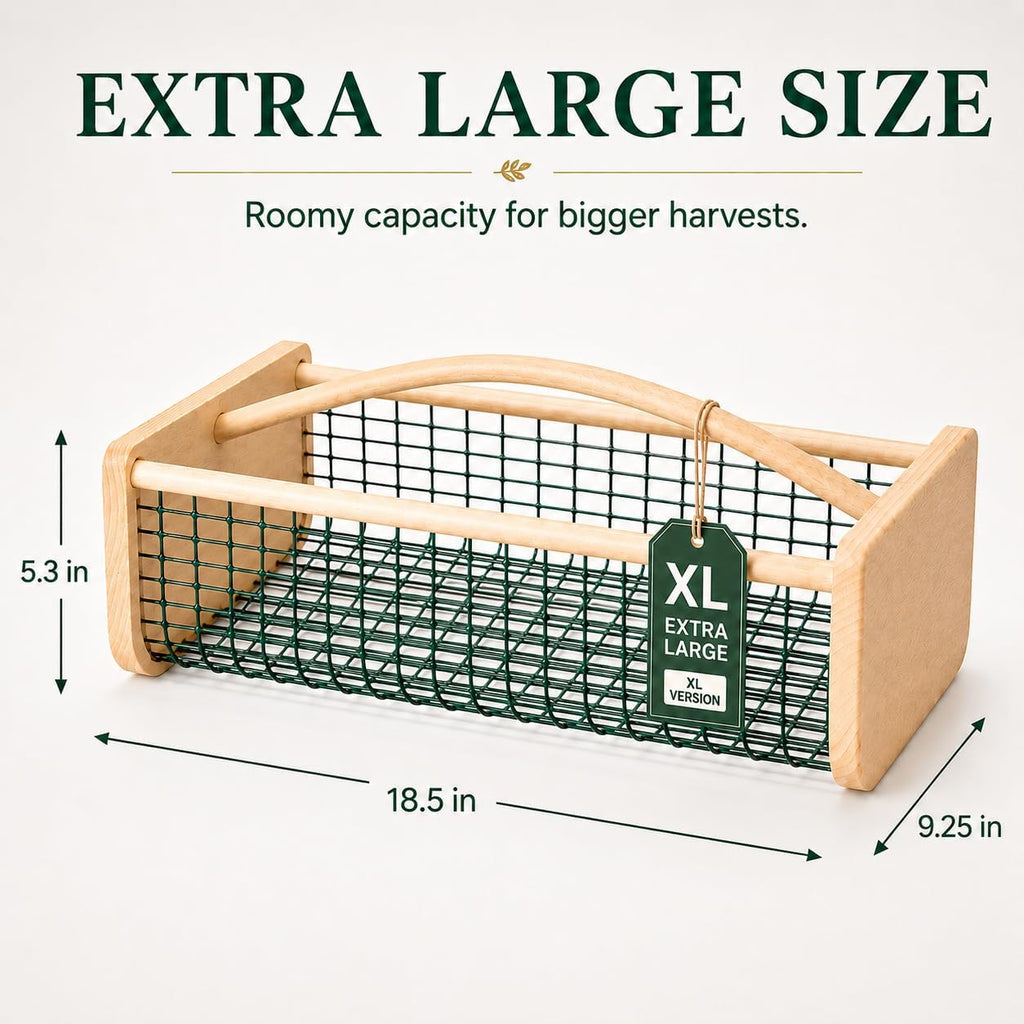 Extra Large Garden Harvest Basket for Vegetables | Wooden Garden Hod with Handle, Coated Metal Mesh Produce Caddy for