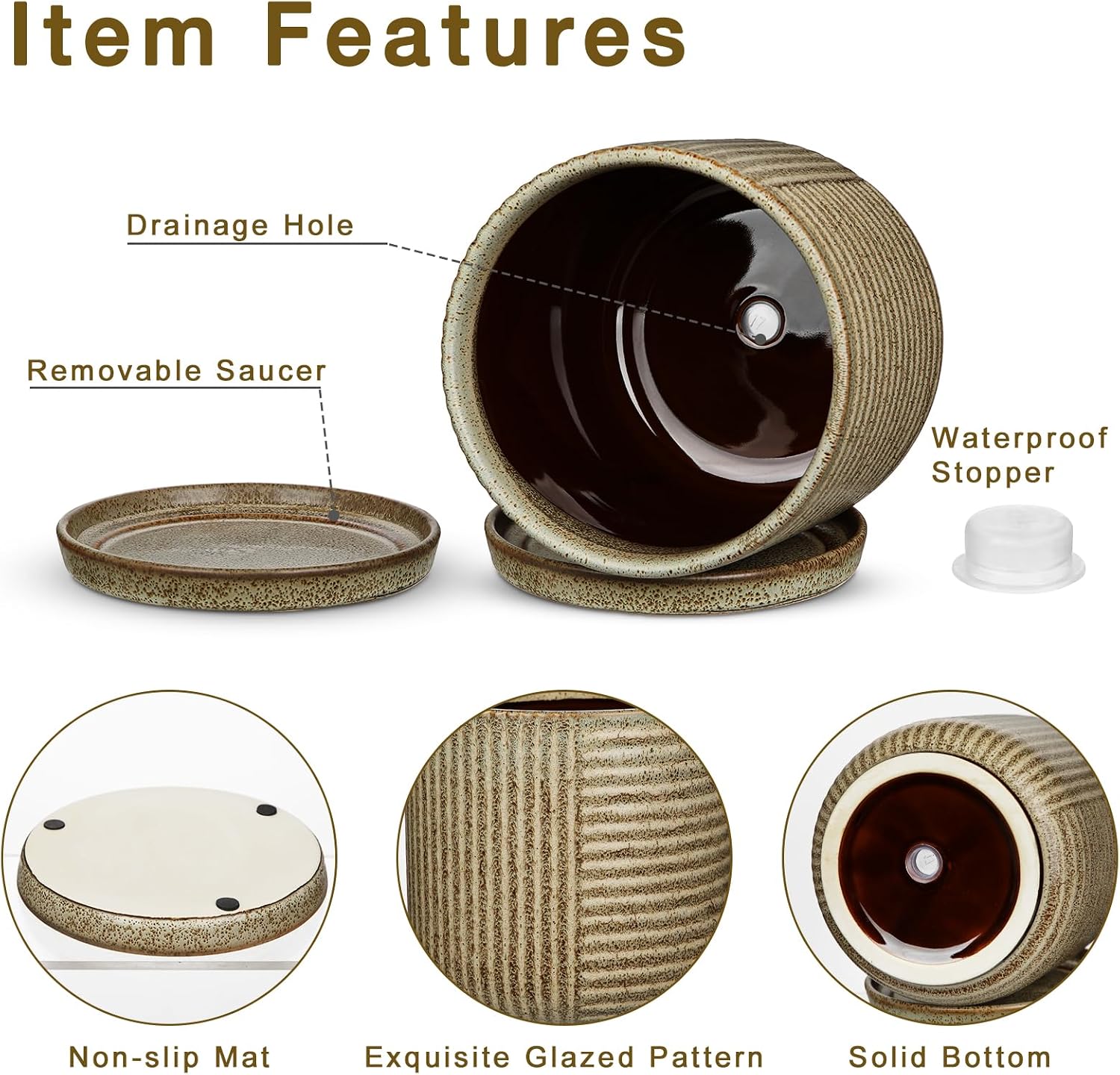 Oairse Ceramic Pots for Indoor Plants, 6.1 +4.9 inch Pots for Plants Set of 2 Brown Plant Pots with Drainage Holes and