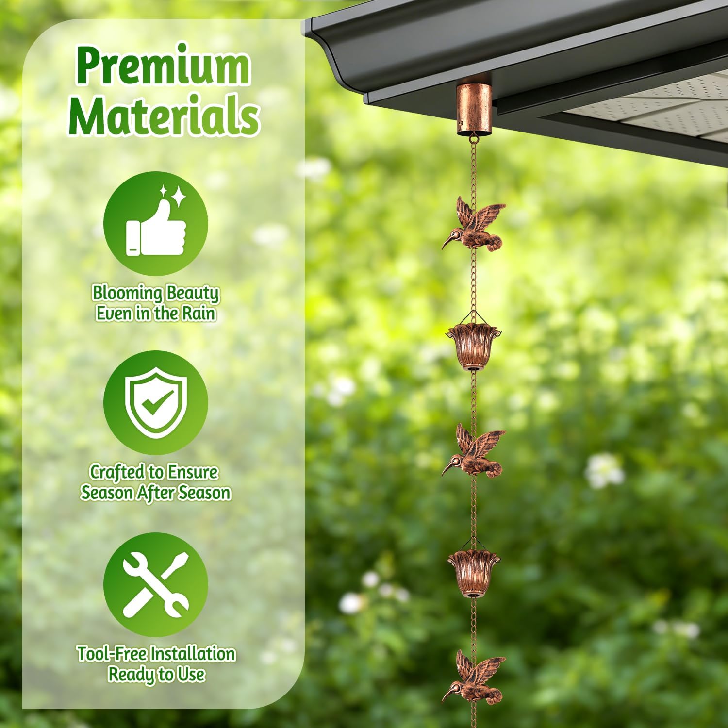 Rain Chains for Gutters Outside Copper with Adapter 8.5FT | 6 Hummingbirds and 6 Flower Cups,Rain Catcher Chain for