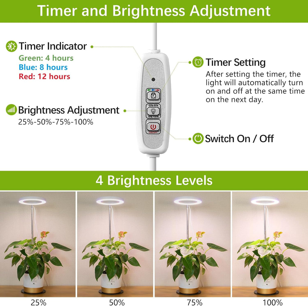 LORDEM Desk Grow Light, Full Spectrum LED for Indoor Plants | Auto On/Off Timer 4/8/12H, 4 Dimmable Levels, Height