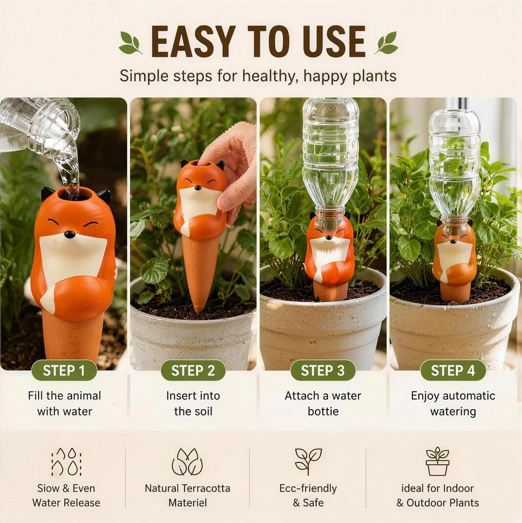 Terracotta Watering Spikes, Self Watering Globes Cute Animal Design Plant Waterers, Automatic Irrigation Stakes for