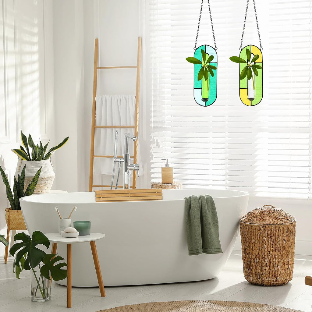 2 Sets Stained Glass Window Hanging Propagation Window Propagation Stations Planters with Glass Tubes and Chain