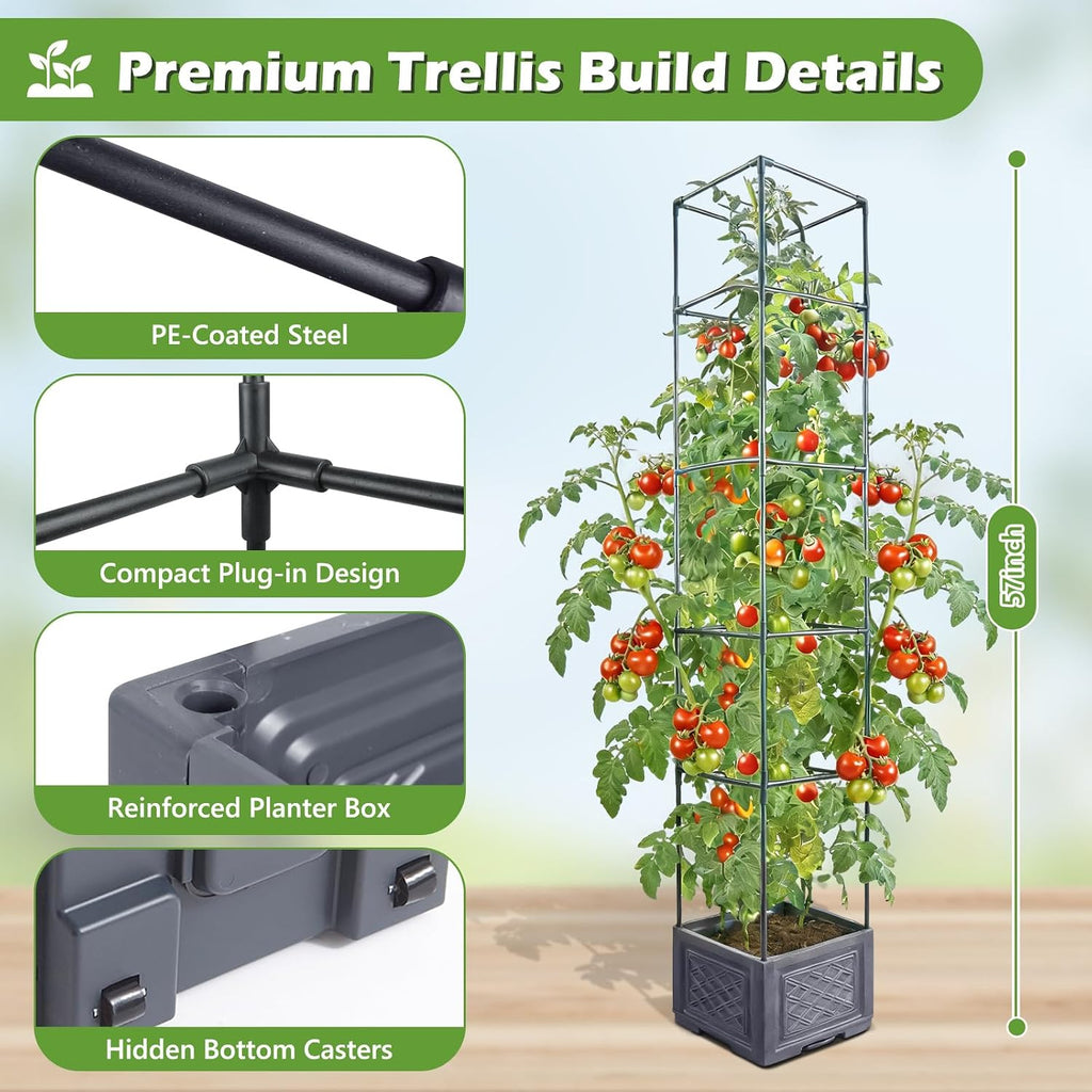 55 Inch Raised Garden Bed with Trellis, Self-Watering Tomato Planter Box with Hidden Rolling Wheels, Vertical Plant