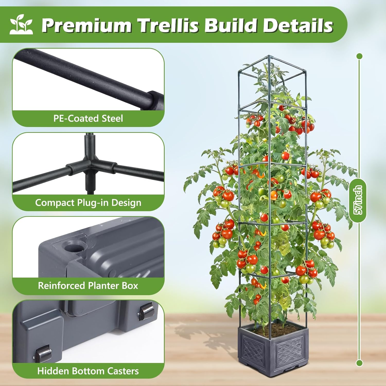 55 Inch Raised Garden Bed with Trellis, Self-Watering Tomato Planter Box with Hidden Rolling Wheels, Vertical Plant