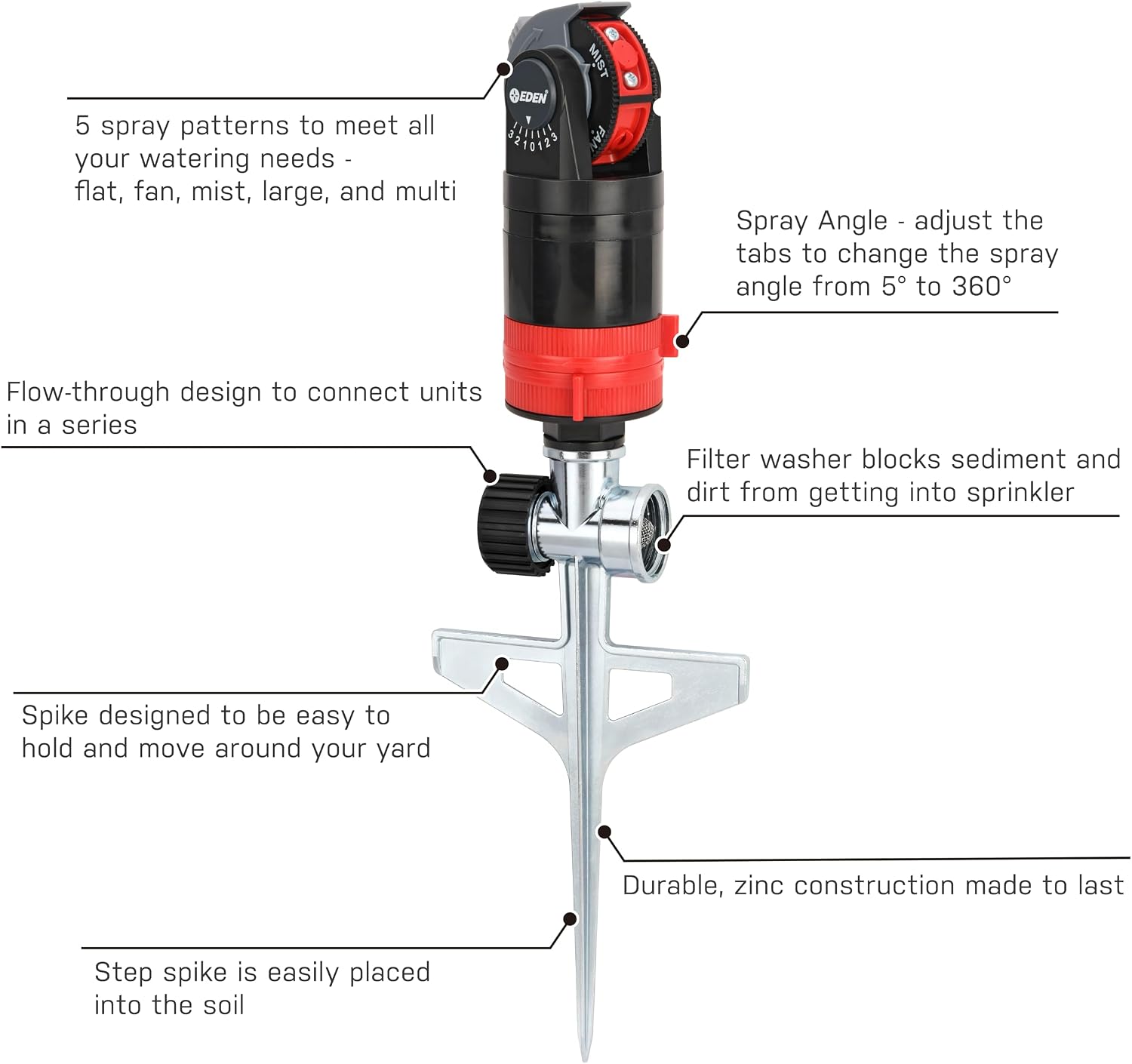 Eden 94143 Multi-Pattern Sprinkler Plus One-Direction Misting System with Metal Sprike Set; Gear Drive, Heavy Duty