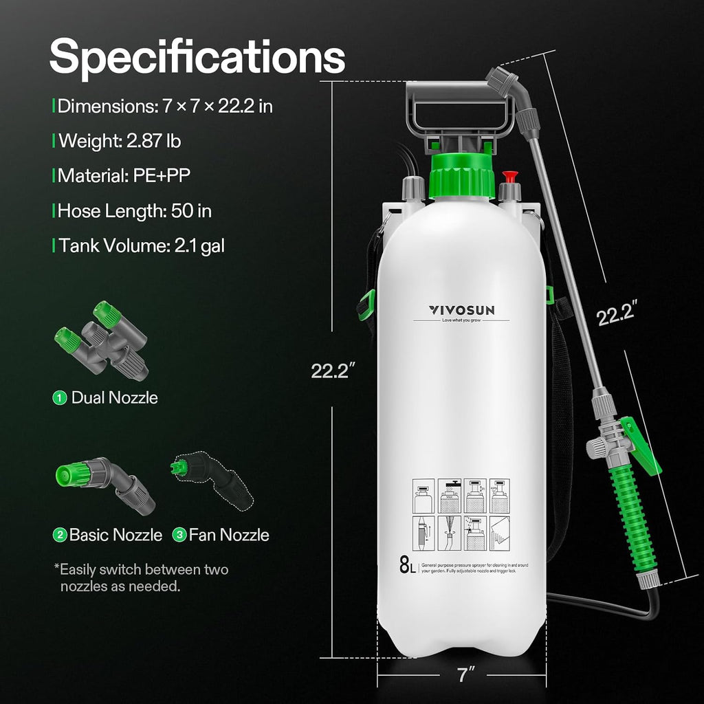 VIVOSUN 2.1 Gal/8L Pump Sprayer, Garden Water Sprayer | for Plants, Weeds & Lawn Care, with 3 Nozzles, 50'' Long Hose &