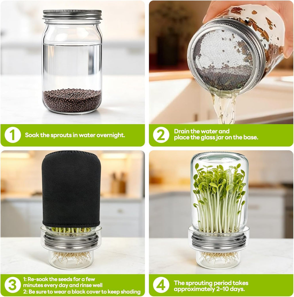 1000ml Sprouting Kit - 2 Sprouting Jar Kits, Wide Mouth Quart Mason Jars with Sprout Lids, Blackout Sleeves, Drain