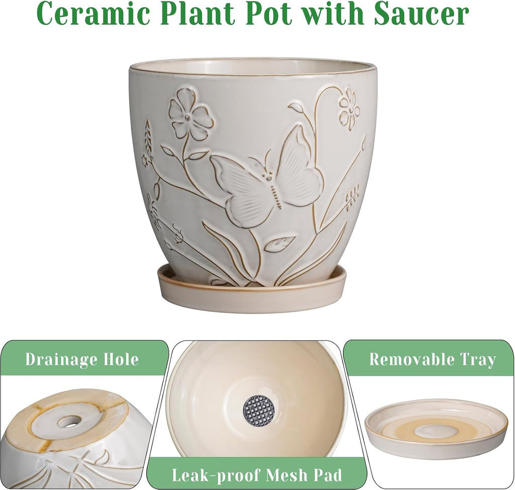 10 Inch Plant Pot Ceramic Planter Pot with Drainage Hole and Saucer Round Planter Large Flower Pot for Indoor Outdoor