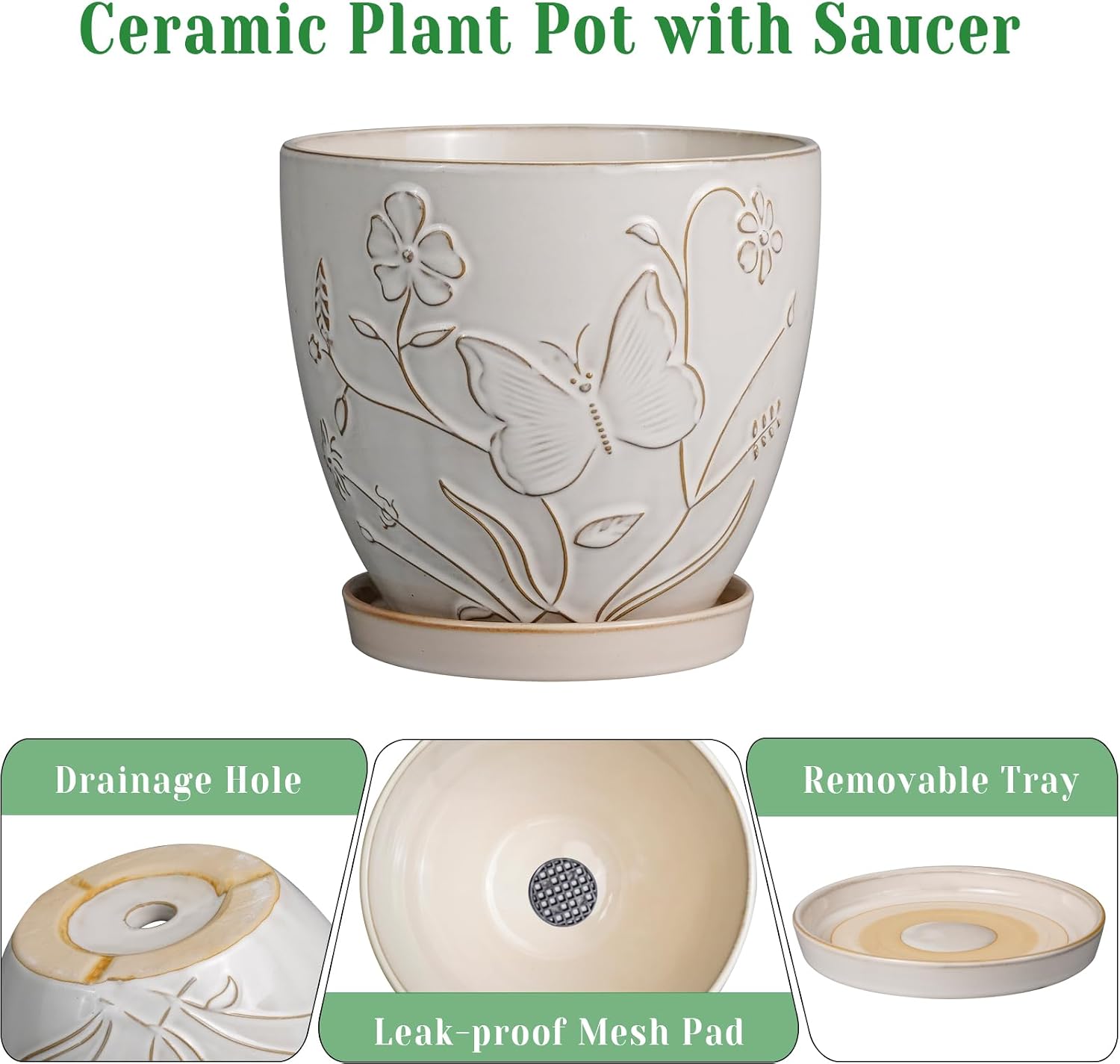 10 Inch Plant Pot Ceramic Planter Pot with Drainage Hole and Saucer Round Planter Large Flower Pot for Indoor Outdoor