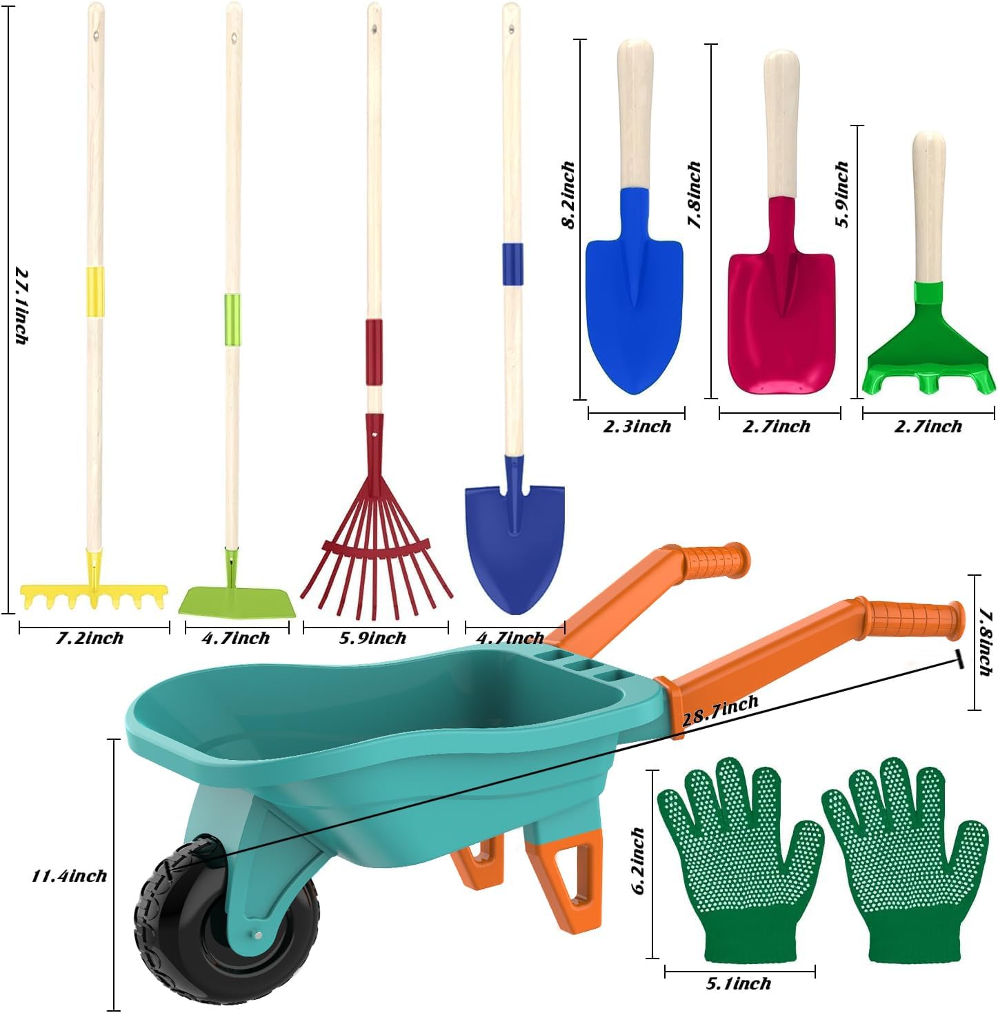 Qtioucp Kids Gardening Set with Wheelbarrow, Real Metal Garden Tools for Kids Ages 3-8, 4 Long Handle Tools, 3 Hand
