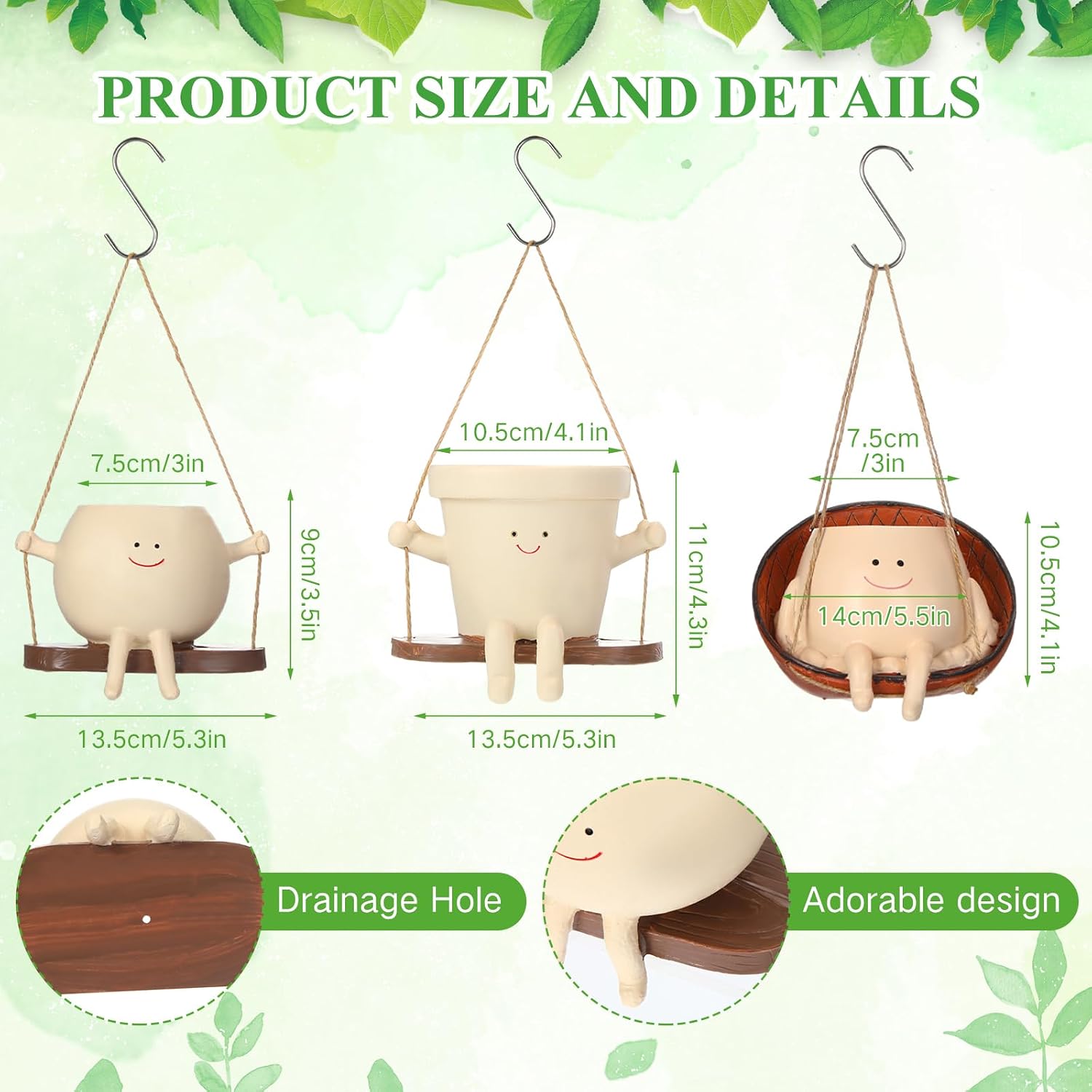 Nuogo 3 Pack Hanging Swing Chair Planter Pots Cute Wall Hanging Planter Pot Swing Face Pot with Drainage Holes Head