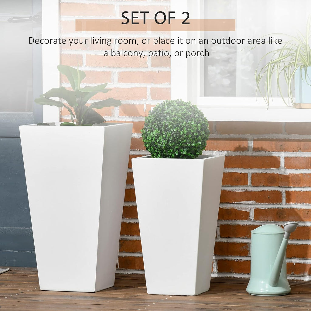 Outsunny 2-Pack Outdoor Planter Set with Drainage Holes, 22in & 18in, White | Flower Pots, Durable & Stackable Plant