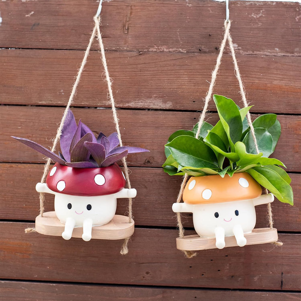 2pcs Mushroom Smily Swing Face Planter Pot Resin (Red&Yellow) | Cute Hanging Resin Flower Head Planter for Indoor