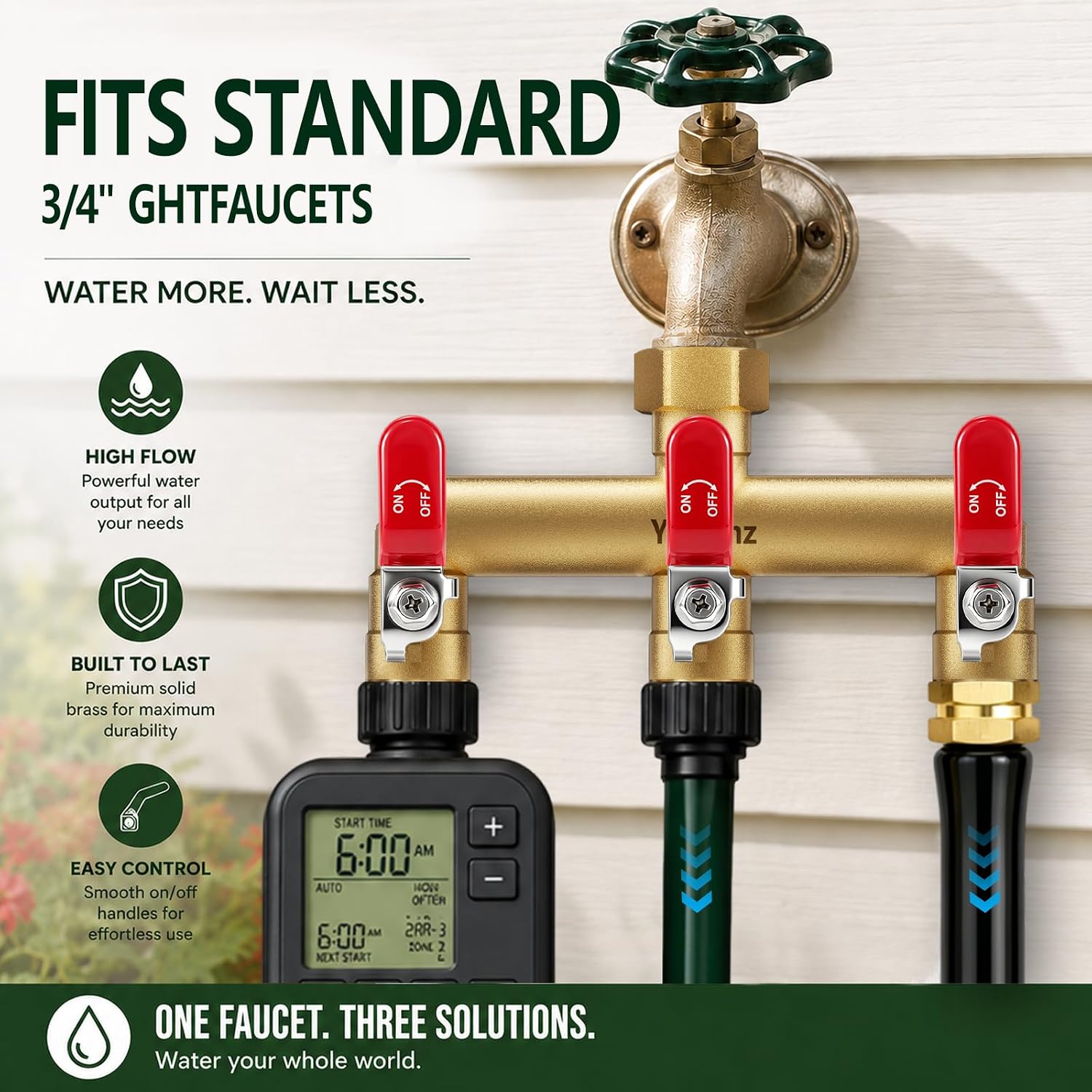 3 Way Garden Hose Splitter, 3/4" GHT Full Flow Hose Splitter | One-Piece Heavy Duty Full Brass Body with Shut-off