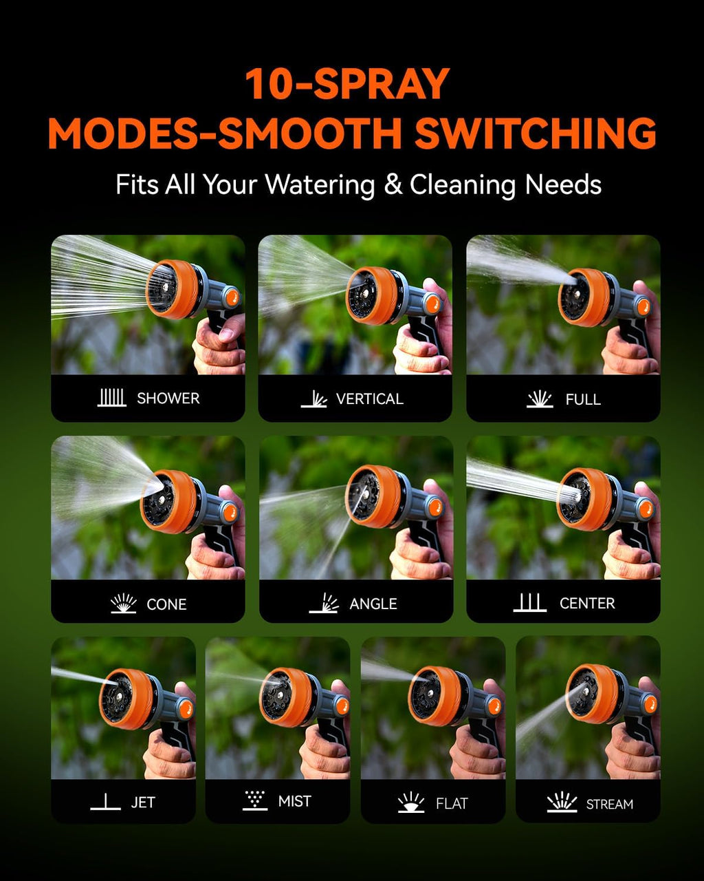 RAINPOINT Full-Metal Garden Hose Nozzle, Heavy Duty Water Hose Nozzle Sprayer With 10 Adjustable Patterns & High
