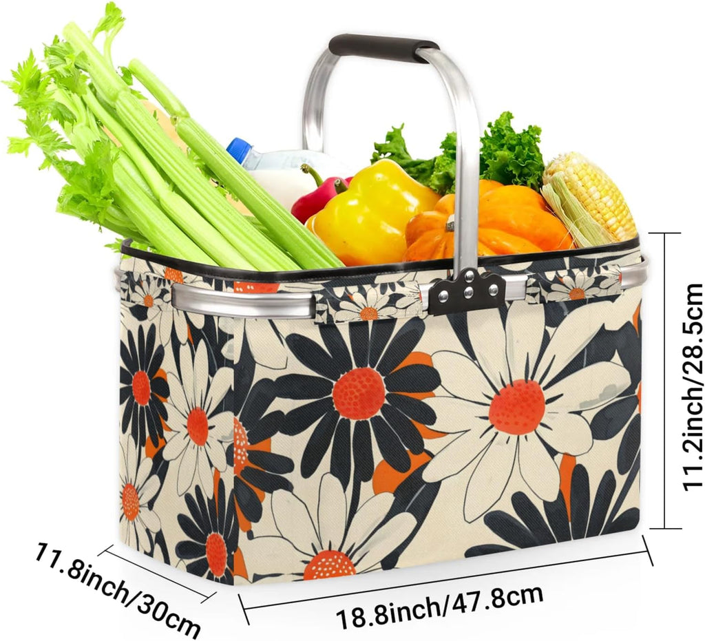 Collapsible Picnic Basket with Handle, Shopping Basket Aluminum Frame, Grocery Basket Tote for Women, Farmers Market