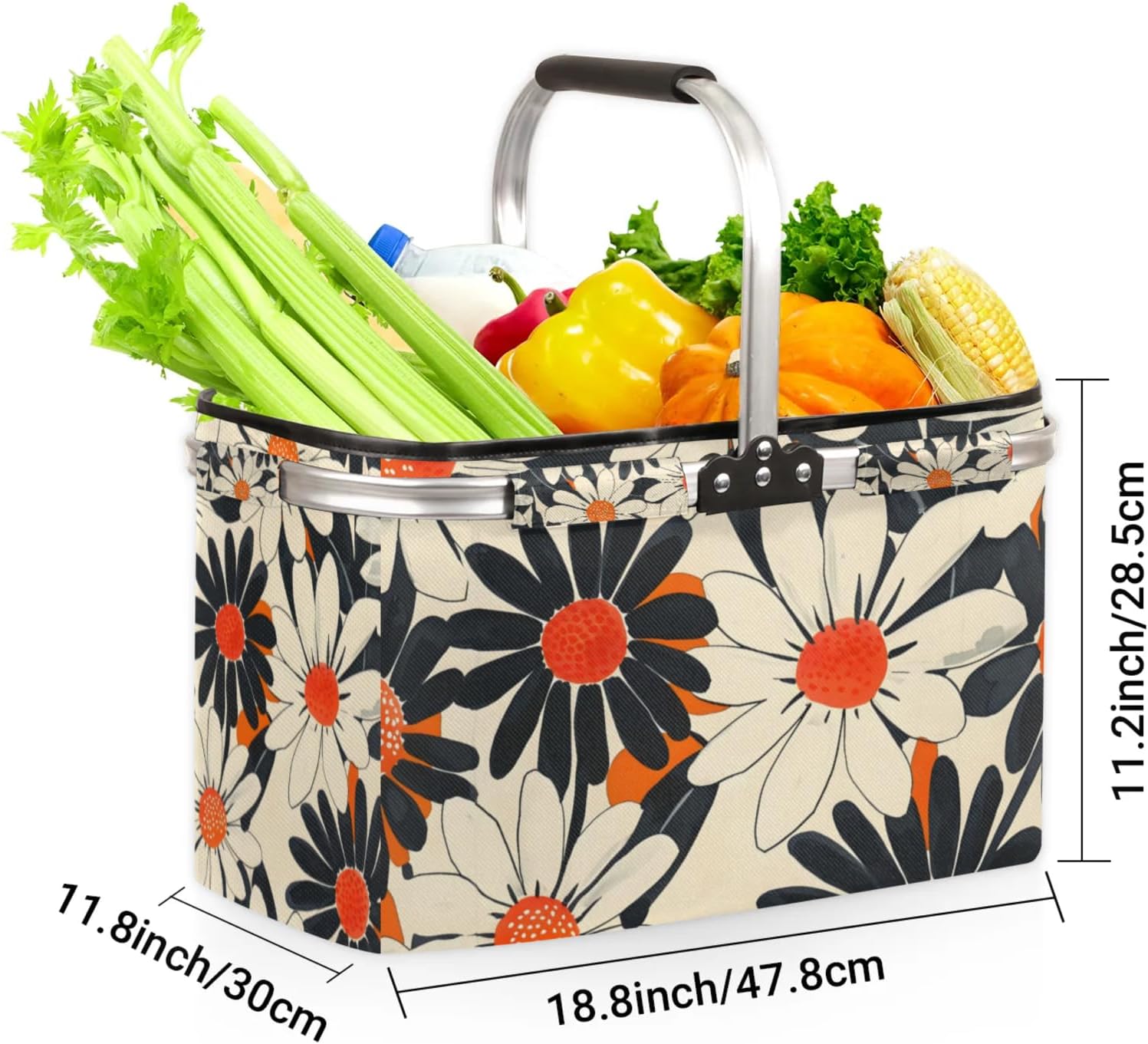 Collapsible Picnic Basket with Handle, Shopping Basket Aluminum Frame, Grocery Basket Tote for Women, Farmers Market