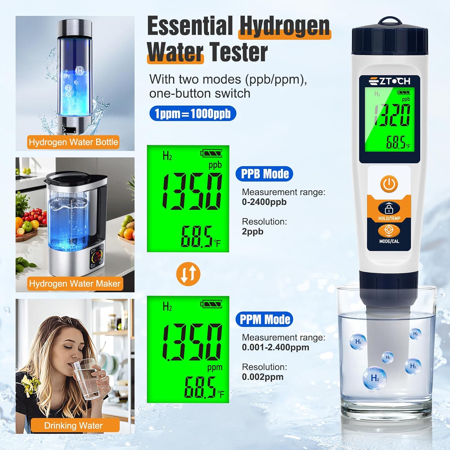 Hydrogen Water Tester pH H2 ORP Meter, Hydroponic pH TDS EC Meter, 6 in 1 | pH H2 ORP TDS EC Temp Tester for Drinking
