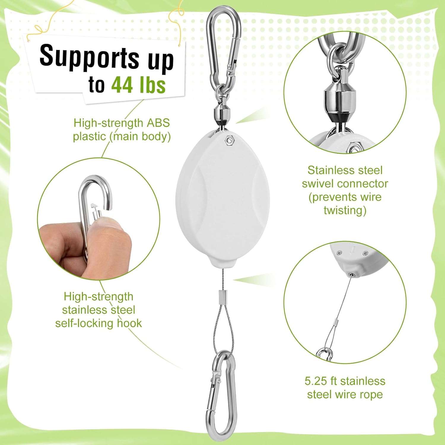 Plant Pulleys for Hanging Plants, Heavy Duty Retractable Hangers, 304 Stainless Steel Rope, Auto Plant Holder