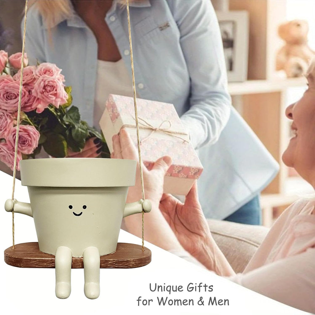 Swing Smily Face Planter Pot - Indoor Outdoor Flower Head Hanging Planters, Swinging Smiley Plant Pots with Drainage