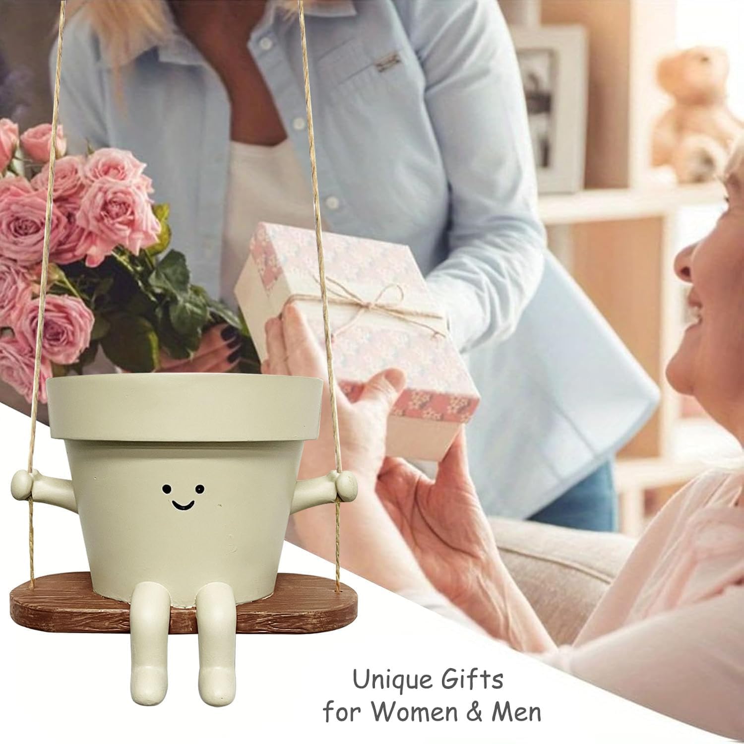 Swing Smily Face Planter Pot - Indoor Outdoor Flower Head Hanging Planters, Swinging Smiley Plant Pots with Drainage