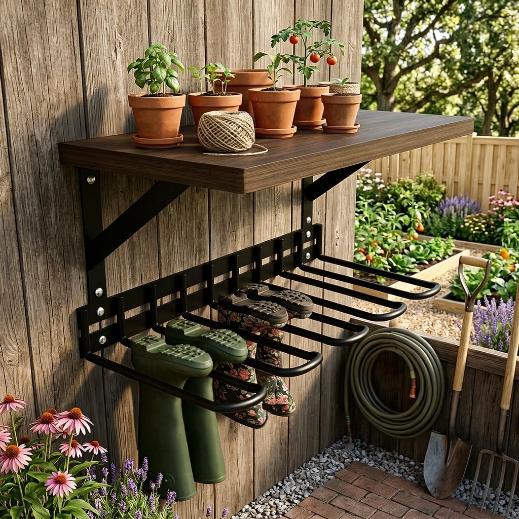 Wall Mount Boot Rack, Garden Tool Organizer With Curved Hooks & Wood Shelf, | Heavy Duty Wader Boot Hangers Organizer