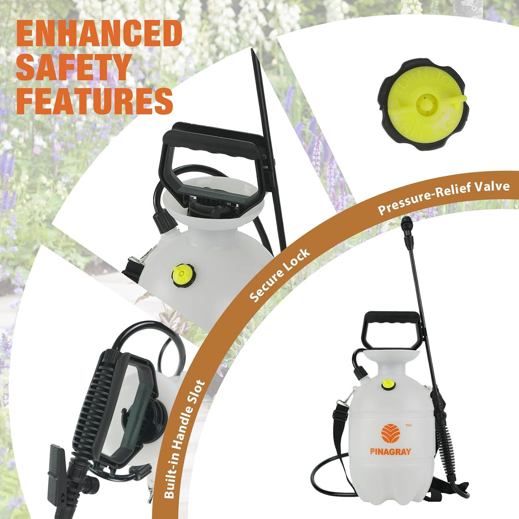 1 Gallon/3.78L Pressure Sprayer - Multi-Use Pump Mister for Garden, Lawn & Home with 2 Nozzles, Shoulder Strap & Gloves