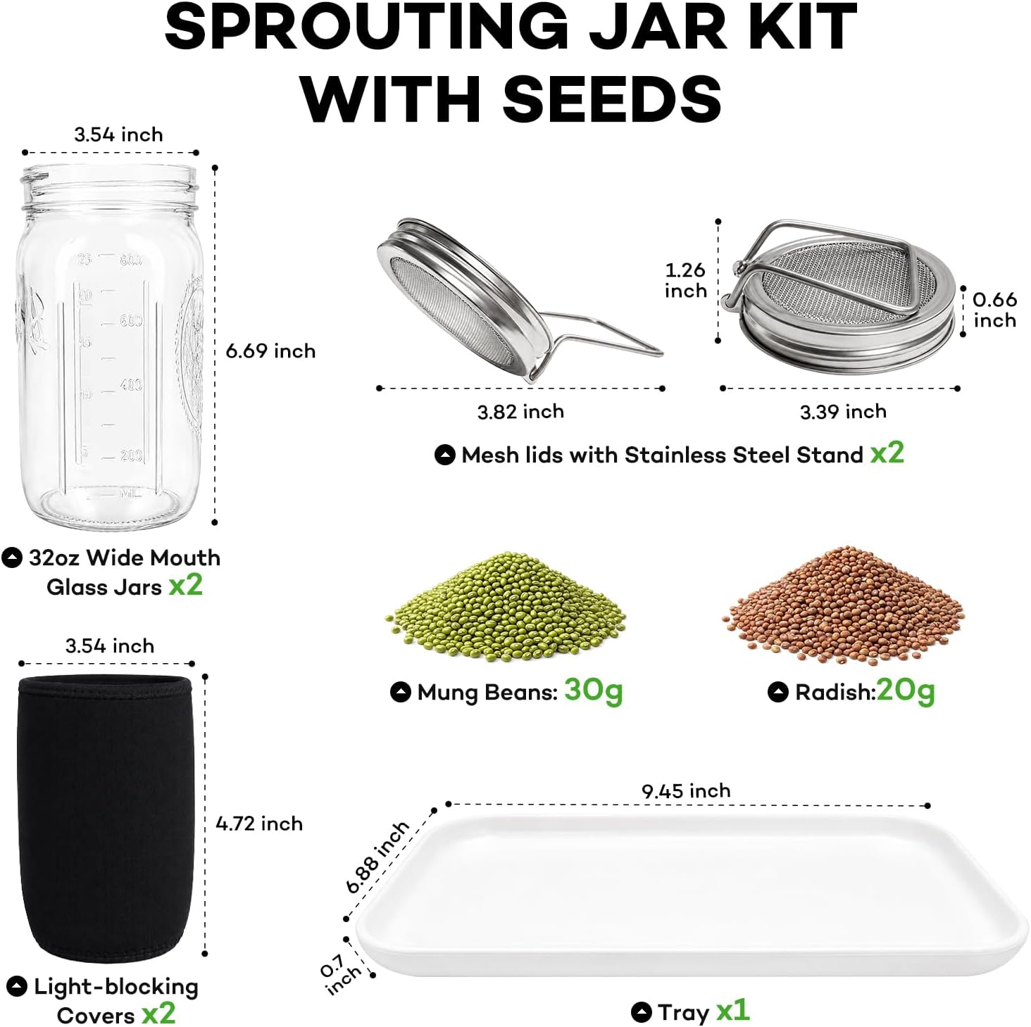 Seed Sprouting Jar Kit with Mung Beans & Radish Seeds, 2 Large Mouth Mason Jars with Stainless Steel Stand, Blackout
