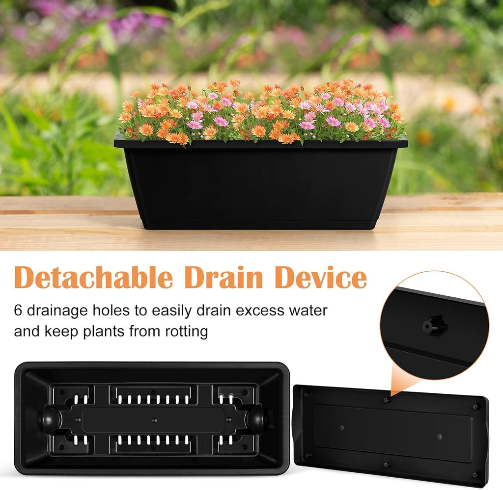 ETELI Railing Planter Hanging Planter Box with Brackets Set 6, Black | Adjustable with Drainage Holes for Deck Garden
