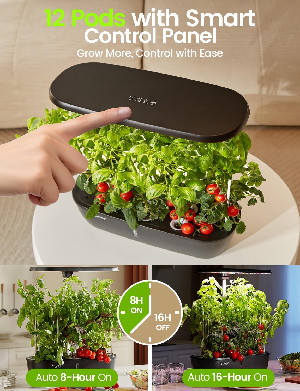 LETPOT Hydroponics Growing System, 12 Pods Indoor Herb Garden Kit with 24W LED Grow Light, 5.5L Water Tank & 16"