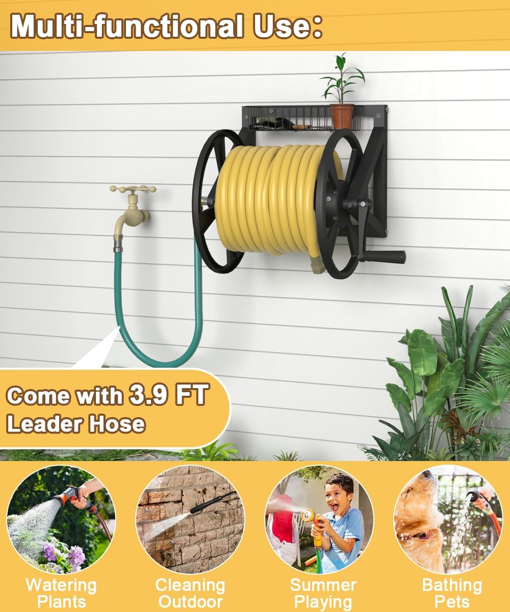 Triangle Wall Mounted Garden Hose Reel, Outdoor Heavy-Duty Water Hoses Holder Winder, Holds 125 Ft of 5/8-Inch Hose