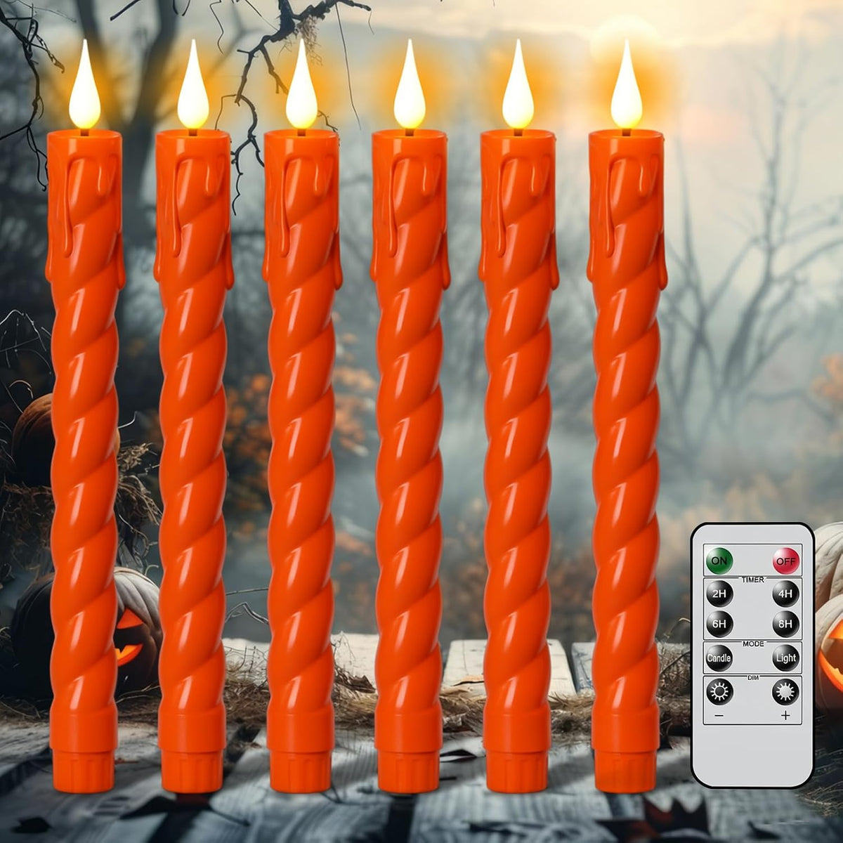 Orange Flameless Taper Candles Battery Operated with Remote Timer