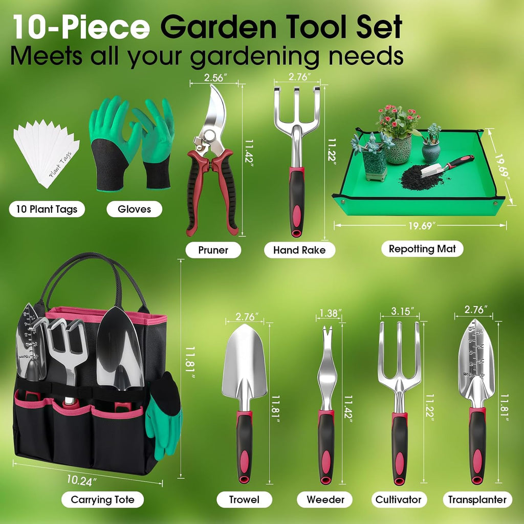 WOWBOX Garden Tools Set, 10 PCS Heavy Duty Gardening Hand Tools Kit, Red | Gardening Tool Set with Storage Tote