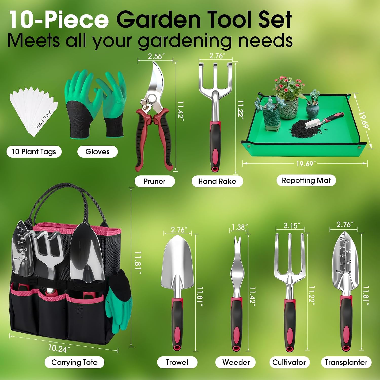 WOWBOX Garden Tools Set, 10 PCS Heavy Duty Gardening Hand Tools Kit, Red | Gardening Tool Set with Storage Tote