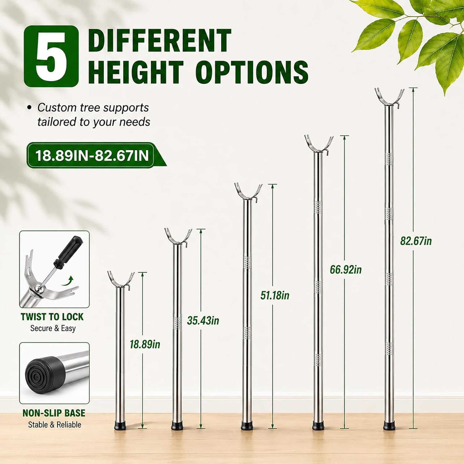 2 Pack Stainless Steel Tree Support Pole with U-Shaped Head, Adjustable 17.3"-78.3" Tree Branch Support, Tree Stakes