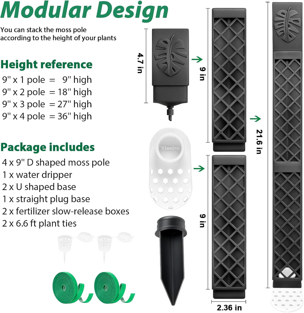 4 Psc 9 Inch D Shaped Moss Pole with Watering Dripper, Plastic Moss Poles for Climbing Plants, Sturdy Monstera Plant