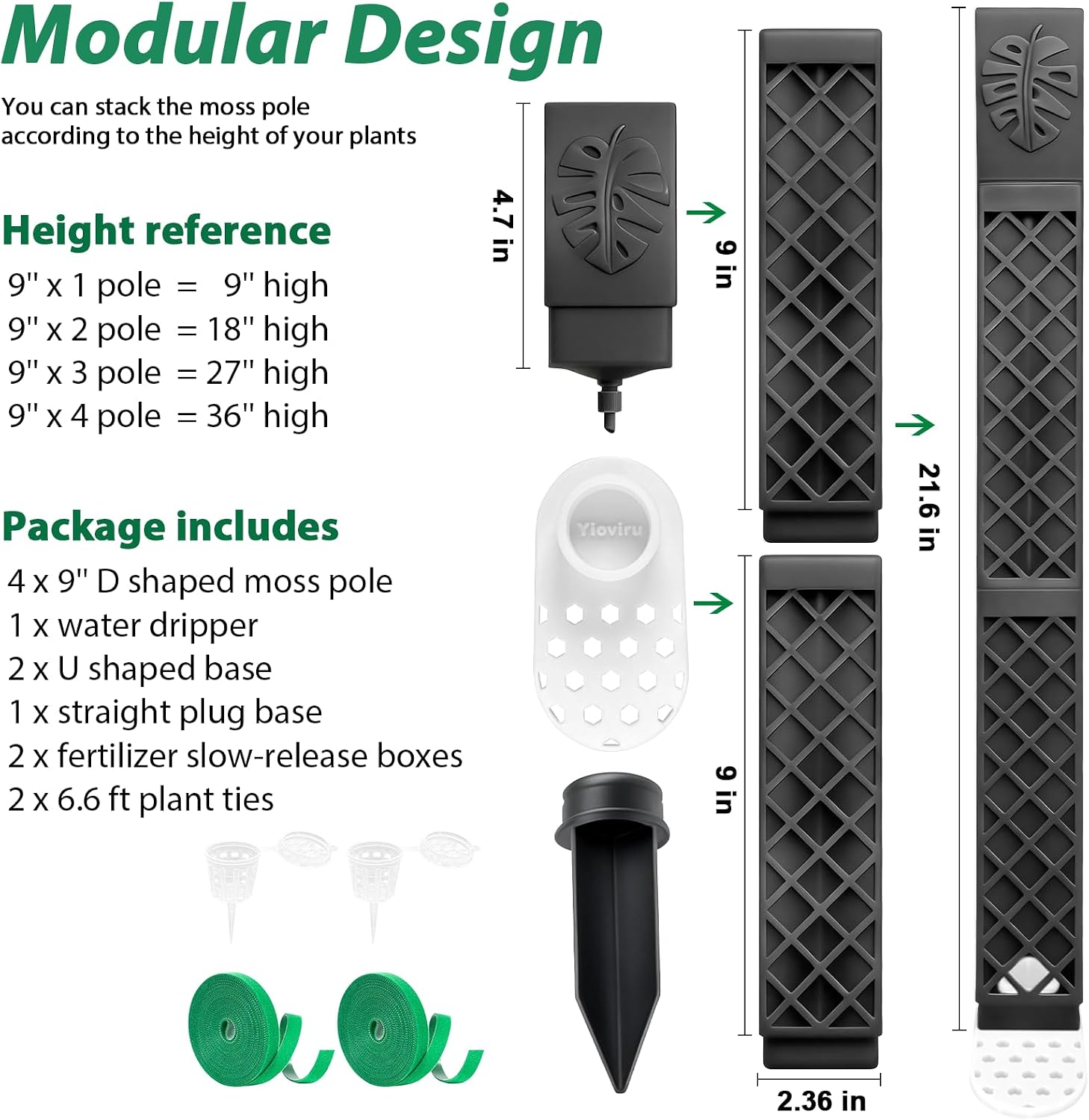 4 Psc 9 Inch D Shaped Moss Pole with Watering Dripper, Plastic Moss Poles for Climbing Plants, Sturdy Monstera Plant