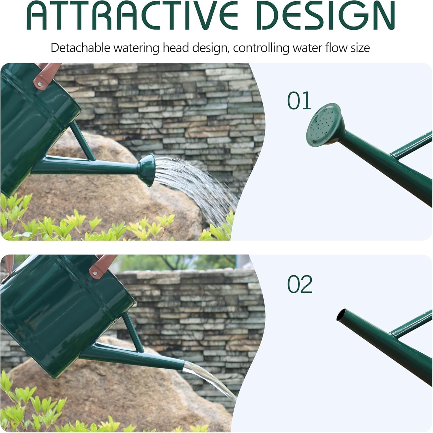 1 Gallon Metal Watering Can for Outdoor Indoor Garden Plants，Green | Movable Handle，With Removable Spout, Can Choose