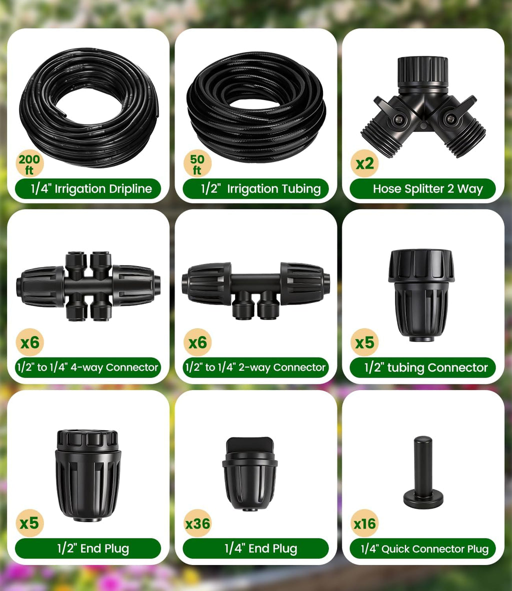 250FT Drip Irrigation Tubing Kit with 1/2 Irrigation tubing, 1/4 inch Dripline, and Irrigation Parts for Garden, Raised
